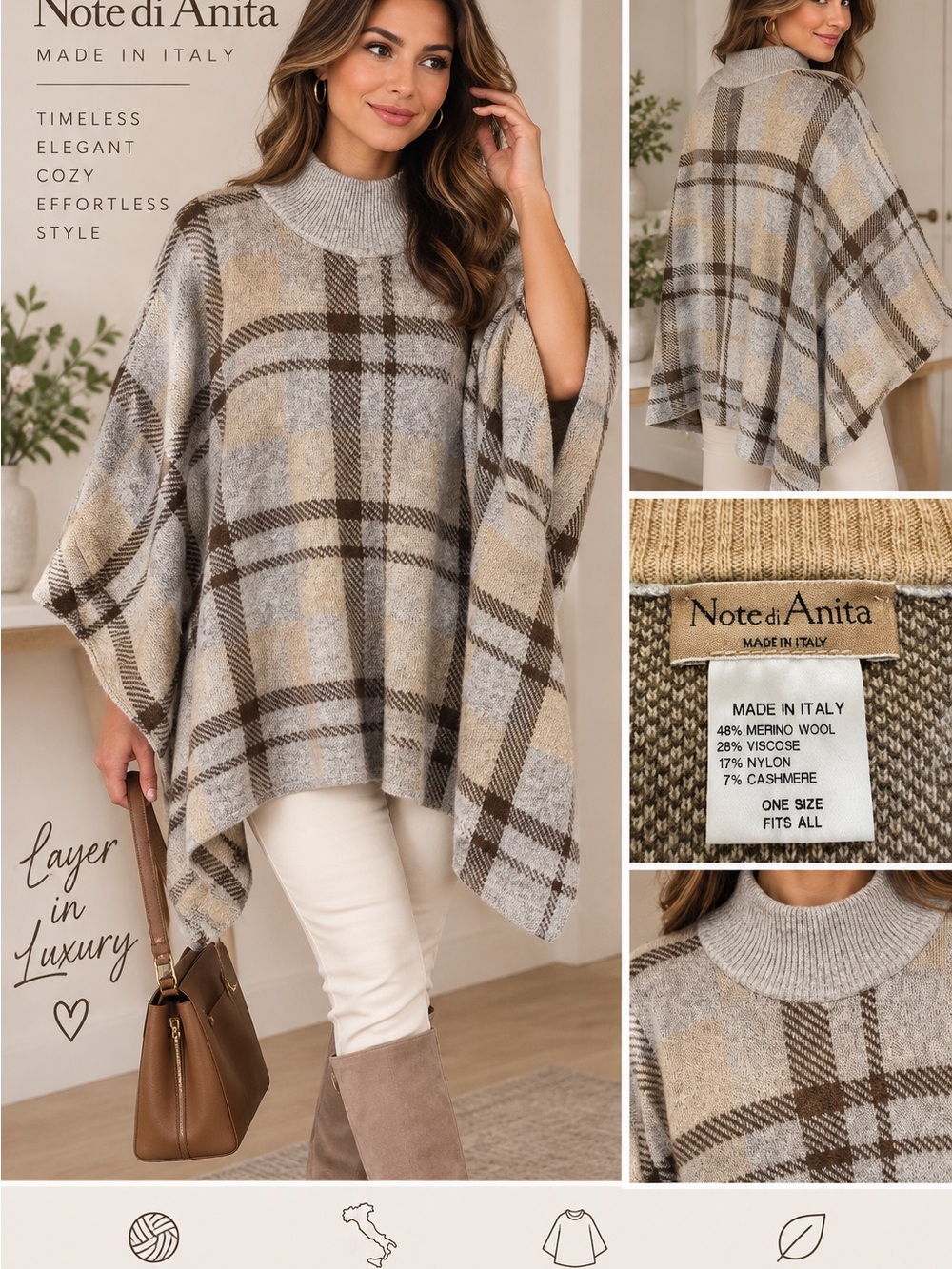 Note di Anita Merino Wool Cashmere Plaid Poncho Sweater Made Italy One Size